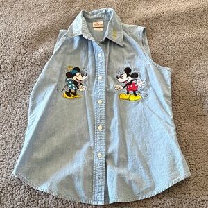 Disney Light Blue Sleeveless Denim Button-Down with Mickey & Minnie Embroidery